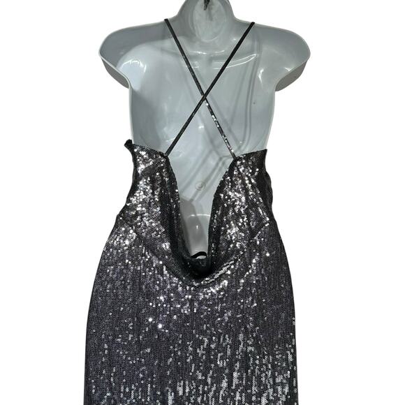 Réve Riche Sequin Gown Silver Maxi Dress Spaghetti Strap Slit Glam Formal Sz 38 - Picture 6 of 9